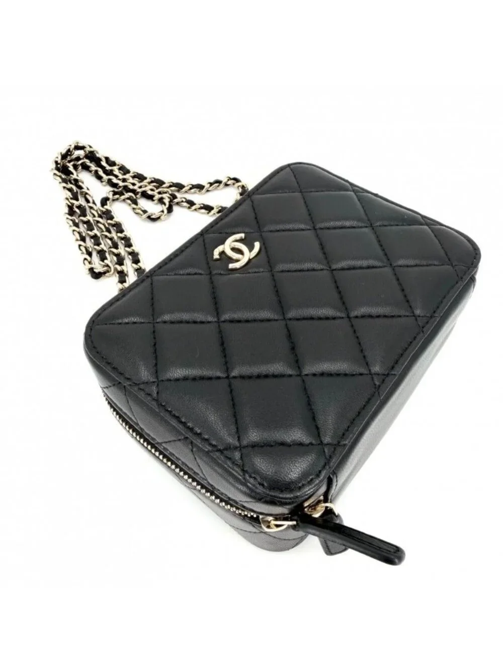Chanel Big Shoulder Bag Quilted Chain Pochette CC Logo Bag Lambskin Black Gold
